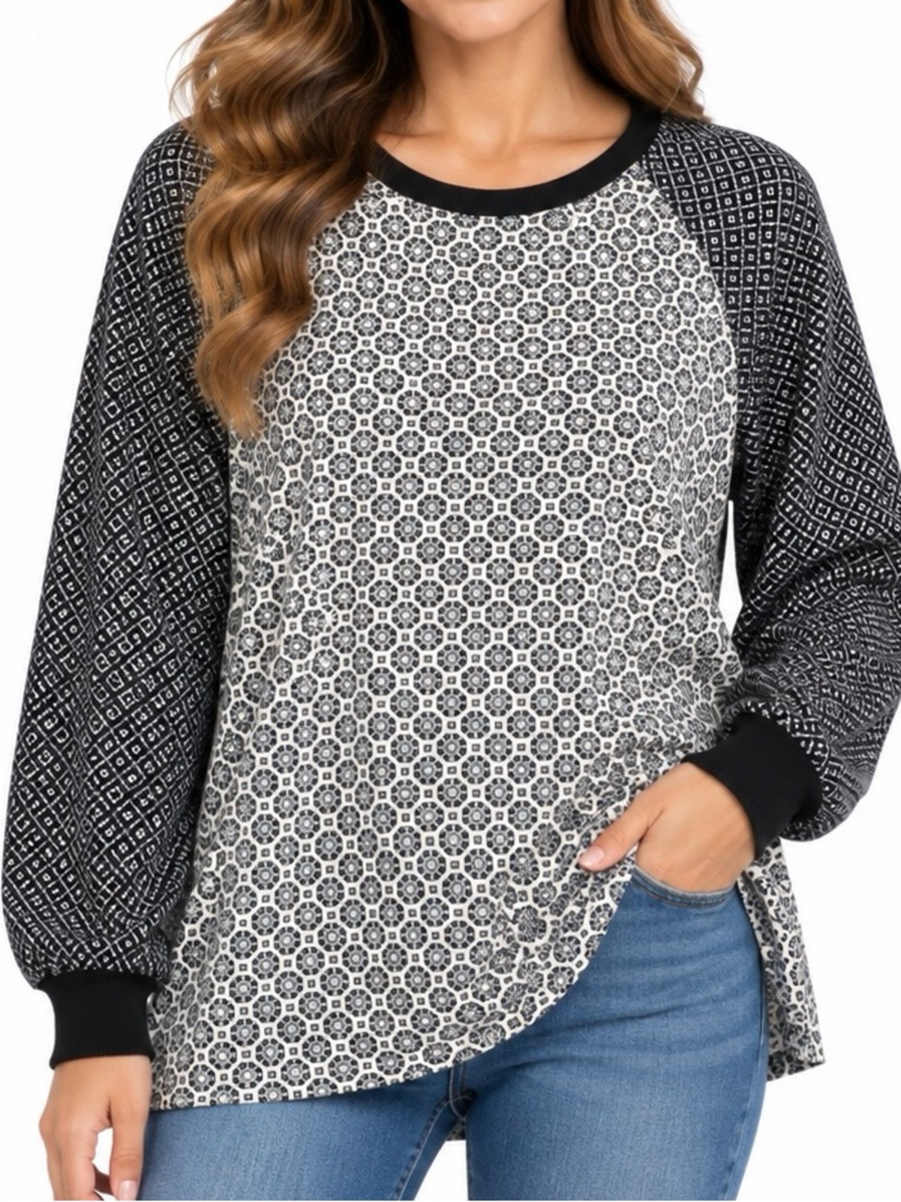 LOFT Black White Mixed Print Long Sleeve Tunic Top Women’s Medium